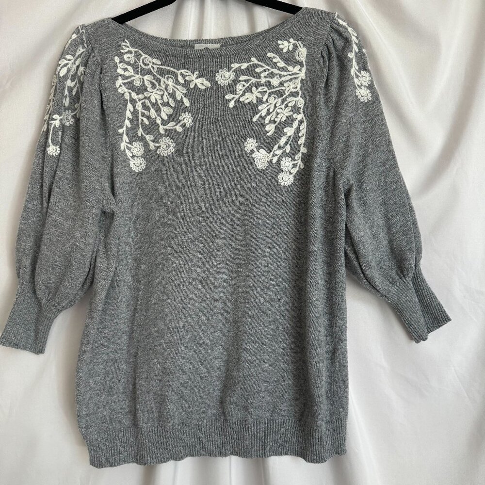 Rain & Rose Angora Blend Puff Sleeve Sweater Floral Embroidery L